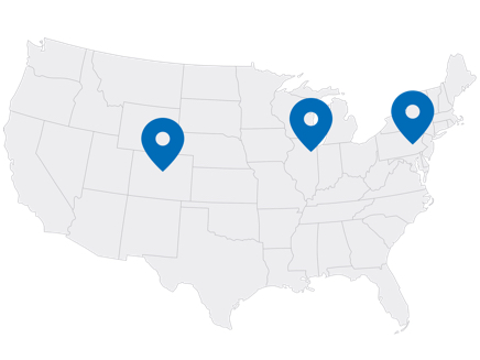 a US map with pins placed on Philadelphia, PA, Denver, CO, and Chicago, IL, used to illustrate our three executive briefing center locations